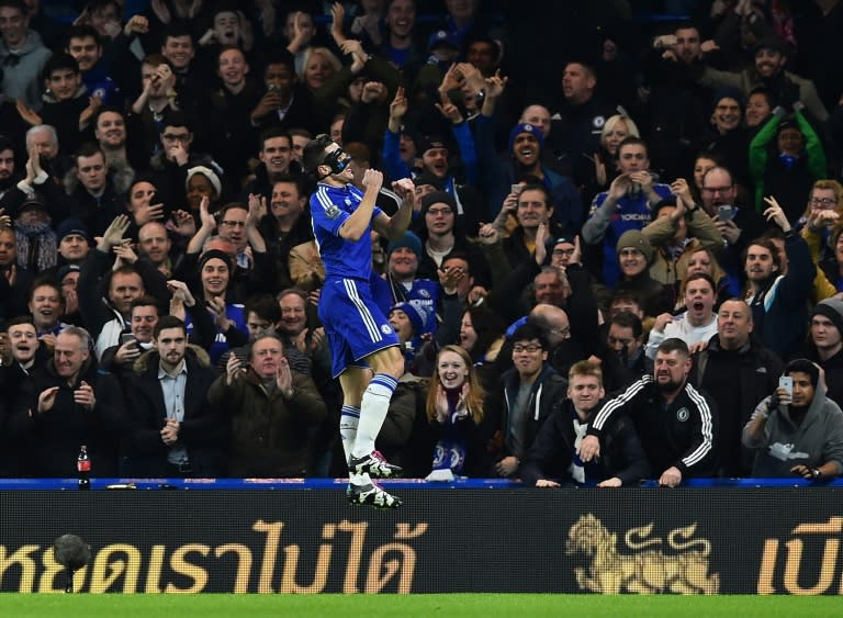 Chelsea's defender Cesar Azpilicueta celebrates scoring the opening goal during the match against West Bromwich Albion on January 13, 2016