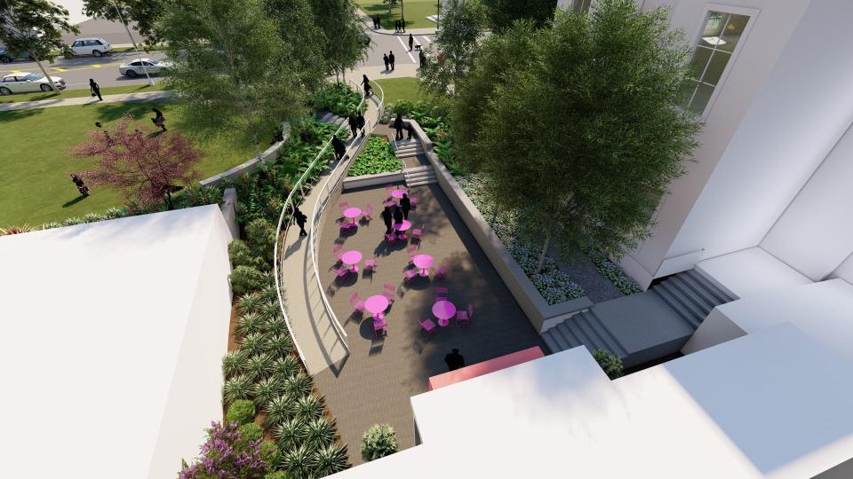 This artist's rendering by Steele Landscape Architecture in Fairport shows a patio being built in the area of the current sunken garden at Utica, an area that will be made accessible by the project.