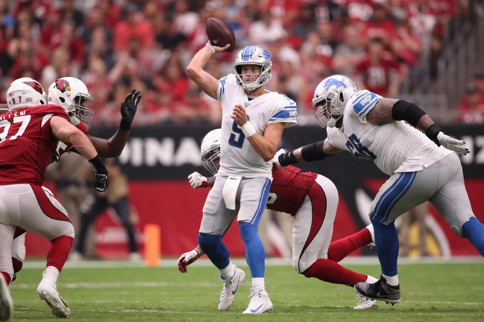 Quarterback Matthew Stafford almost threw an overtime interception that would have lost Sunday's game. (Getty Images)