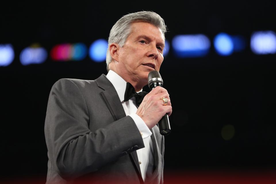 Michael Buffer is seen announcing at the Barclay's Center in Brooklyn, NY on Saturday, December 6, 2014. (AP Photo/Gregory Payan)