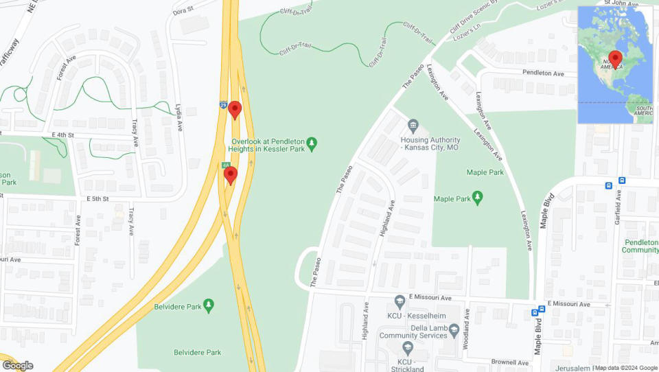 A detailed map that shows the affected road due to 'Broken down vehicle on northbound I-35 in Kansas City' on July 25th at 5:14 p.m.