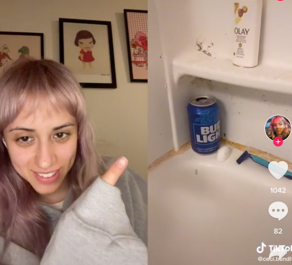 Ceci showing a can of Bud Light on the shelf in the shower next to a razor from when she was living with a man