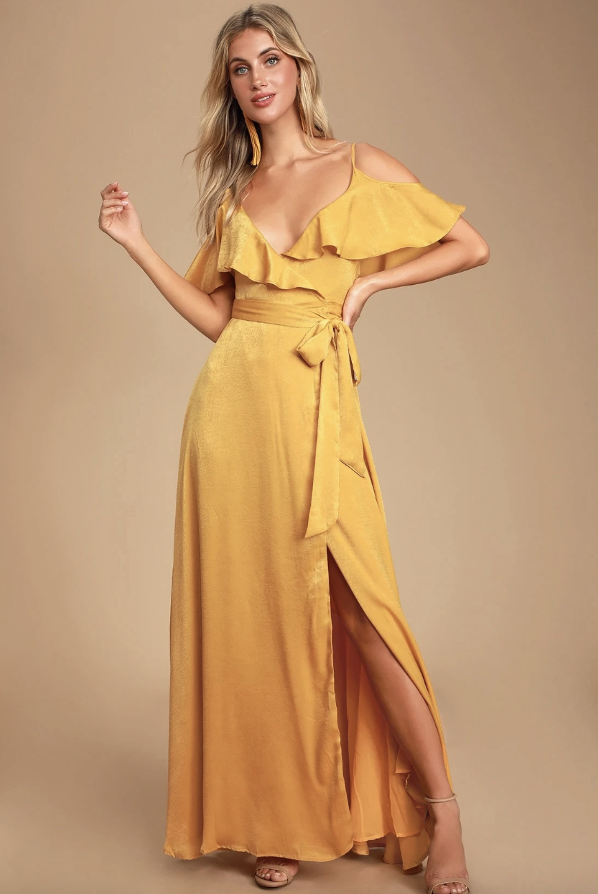 blonde model in floor length Moriah Mustard Yellow Satin Wrap Maxi Dress (Photo via Lulus)