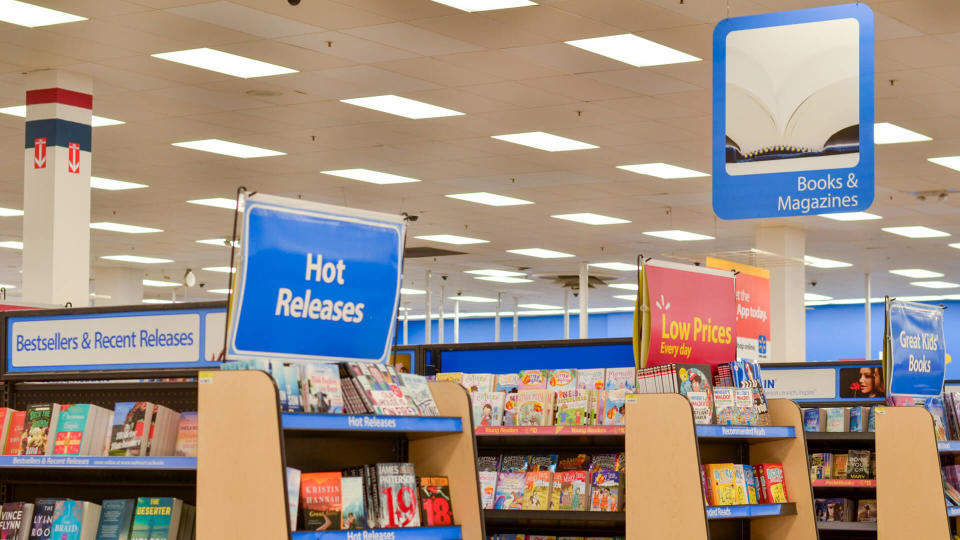 Chicago, USA, 2020 Books, magazines section in Walmart, Retail Store With Assortment Of FMCG products On Shelves in aisles decorated by visual merchandisers.