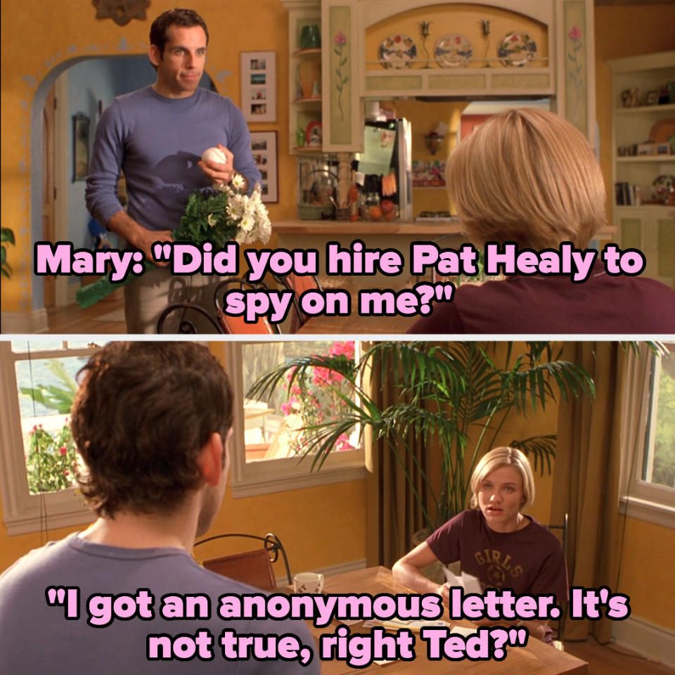 mary asking if a guy hired someone to spy on her and saying she got an anonymous letter about it