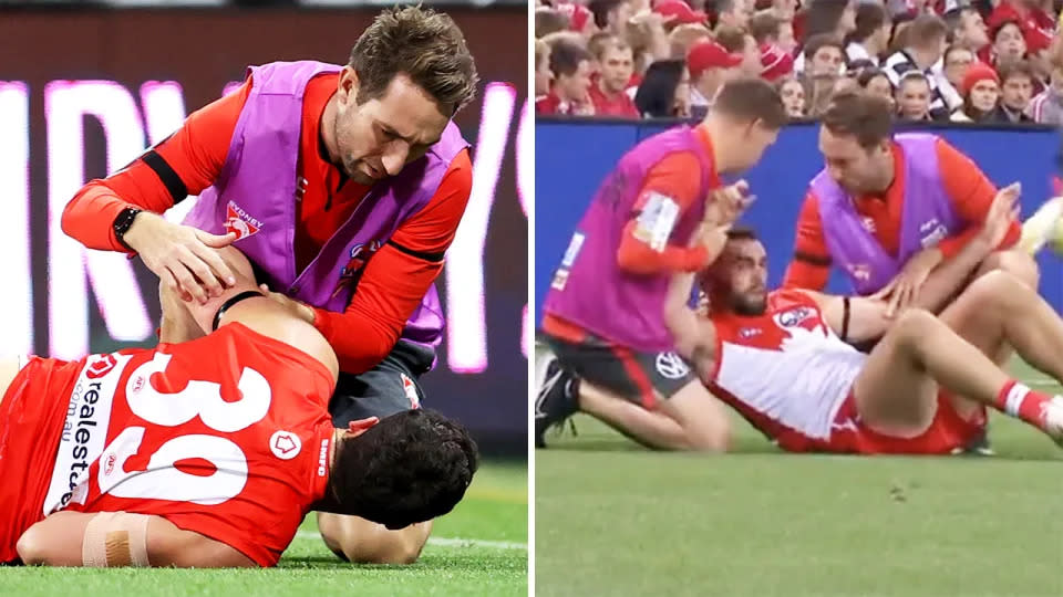 Paddy McCartin had to be helped from the ground by Sydney Swans trainers after suffering a concussion in the first quarter against Port Adelaide. Pictures: Getty Images/Fox Footy
