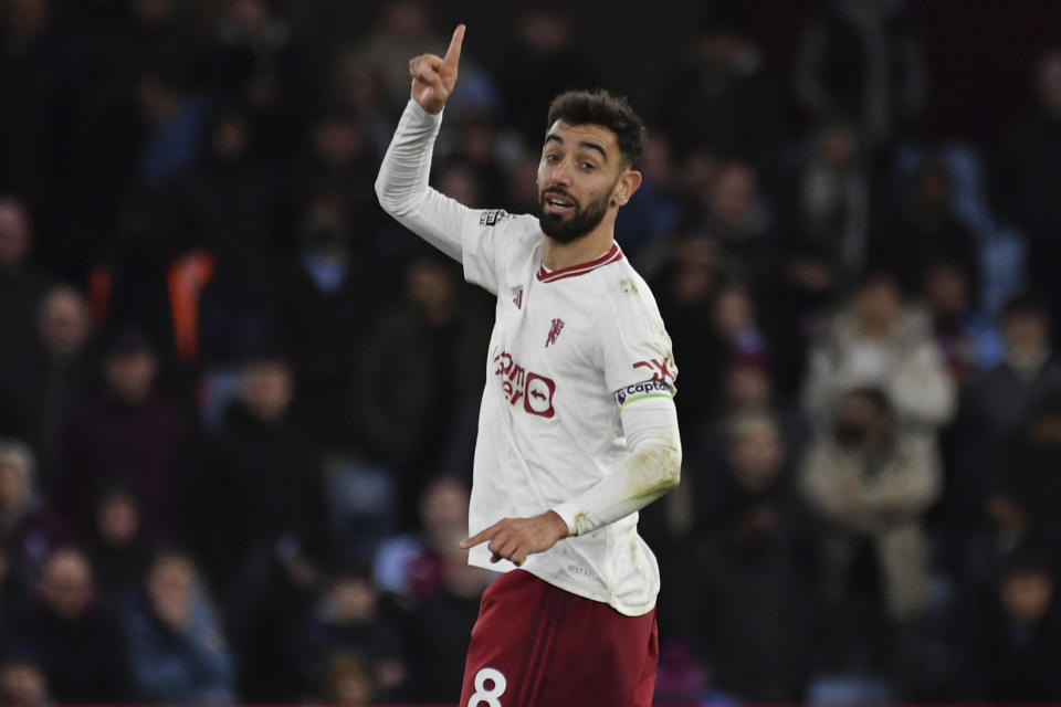 Manchester United's Bruno Fernandes gestures during the English Premier League soccer match between Aston Villa and Manchester United at the Villa Park stadium in Birmingham, England, Sunday, Feb. 11, 2024. (AP Photo/Rui Vieira)