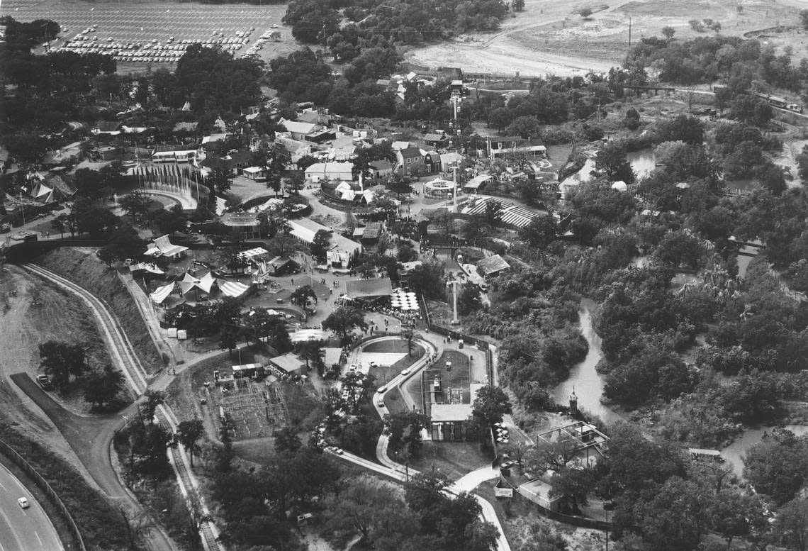 1961: Aerial of Six Flags Over Texas, Arlington, with plane in foreground