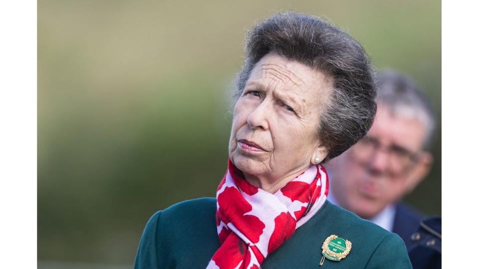 Princess Anne looking perplexed in a green jacket and floral print scarf