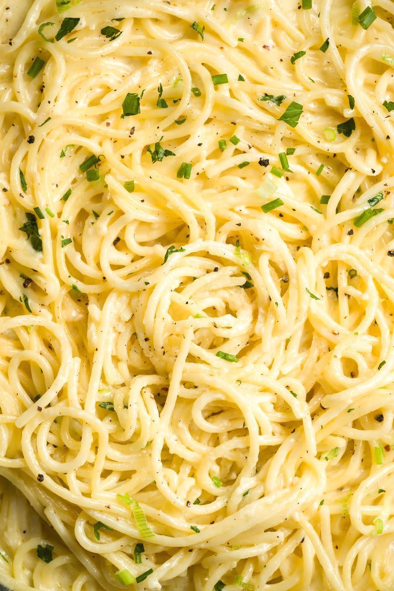 <p>This ultra-creamy and cheesy spaghetti can be yours in just 15 minutes.</p><p>Get the <a href="https://www.delish.com/uk/cooking/recipes/a29455863/creamy-three-cheese-spaghetti-recipe/" rel="nofollow noopener" target="_blank" data-ylk="slk:Creamy Three-Cheese Spaghetti;elm:context_link;itc:0;sec:content-canvas" class="link ">Creamy Three-Cheese Spaghetti</a> recipe.</p>