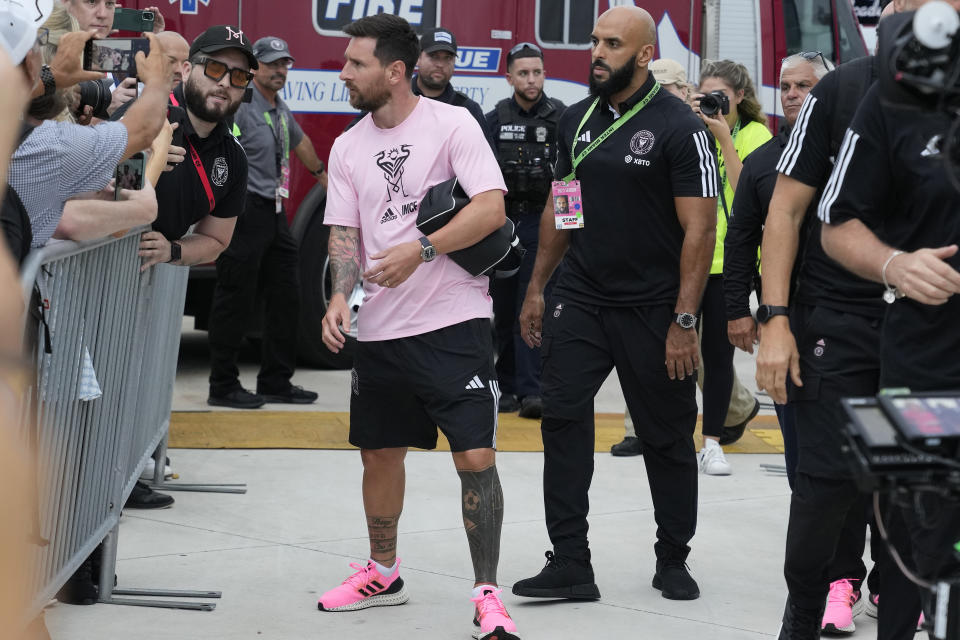 Inter Miami forward Lionel Messi arrives for the team's Leagues Cup soccer match against Orlando City, Wednesday, Aug. 2, 2023, in Fort Lauderdale, Fla. (AP Photo/Lynne Sladky)