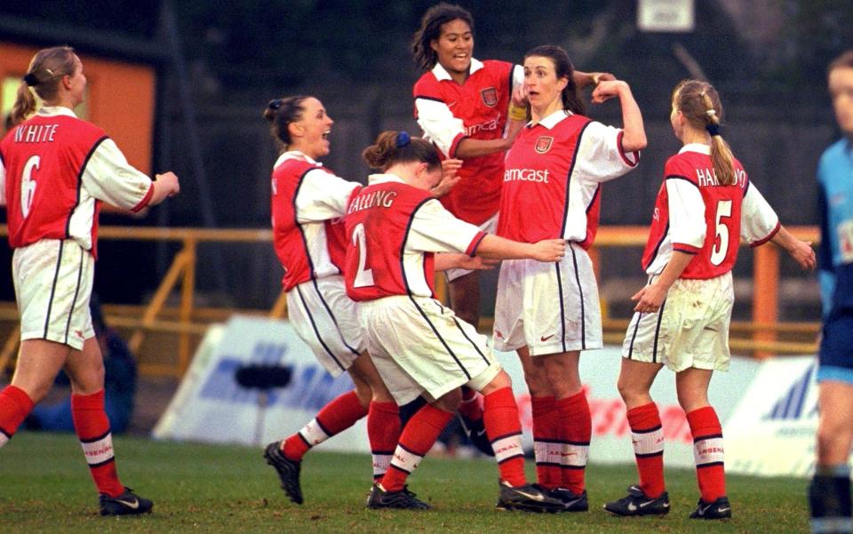 AXA Sponsored Womens Premier League Cup Final , Arsenal Ladies v Croydon Ladies , 1/4/00 Arsenal's Marieanne Spacey celebrates after scoring the 4th goal - Action Images/David Slater