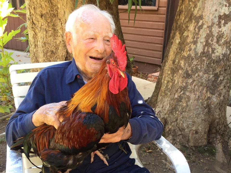 Morrie Markoff smiles as he holds a rooster.