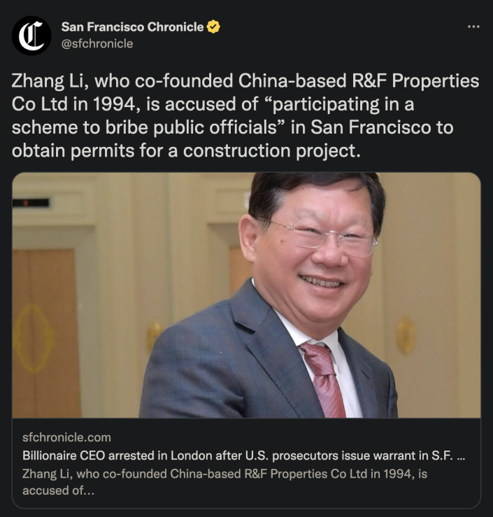 Tweet du San Francisco Chronicle à propos de Zhang Li
