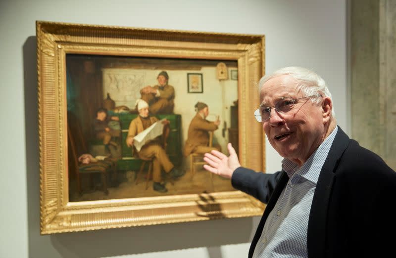 Swiss billionaire and politician Blocher talks about the painting "Les paysans et le journal" by Albert Anker in Martigny