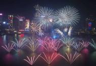 Fireworks explode over Victoria Harbour and Hong Kong Convention and Exhibition Centre during a pyrotechnic show to celebrate the New Year in Hong Kong January 1, 2014. REUTERS/Tyrone Siu