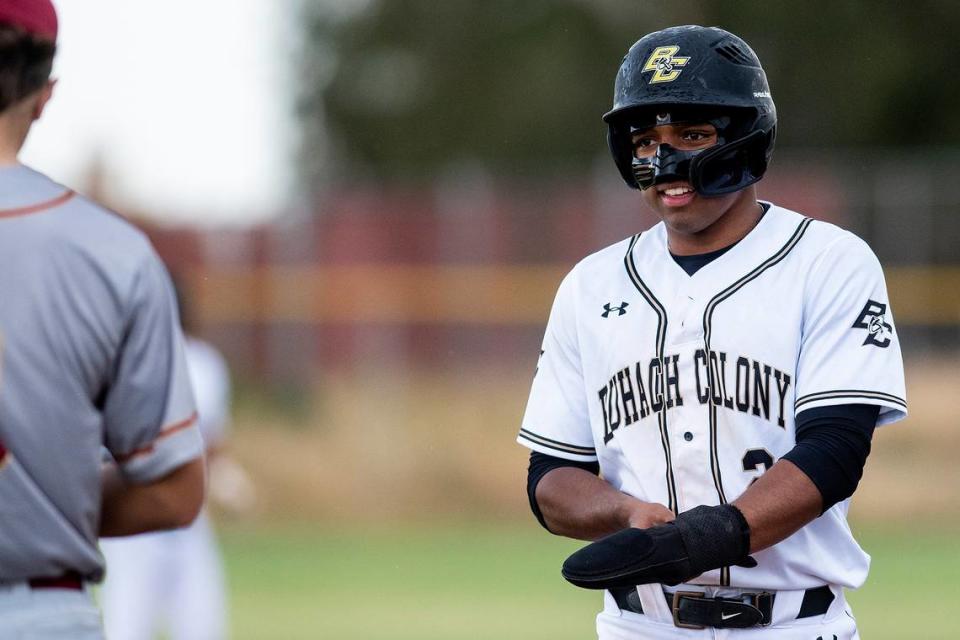 Buhach Colony senior Jaxson Percoats (2) stands on first base after hitting a single during a game against Golden Valley at Buhach Colony High School in Atwater, Calif., on Thursday, May 4, 2023.