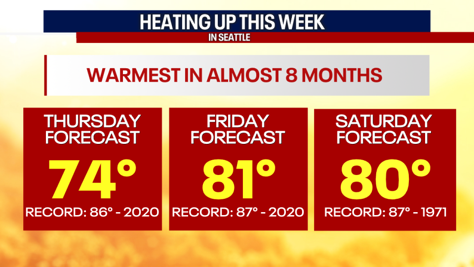 <div>Temperatures soar above average in Seattle, but highs will ultimately fall shy of records.</div> <strong>(FOX 13 Seattle)</strong>