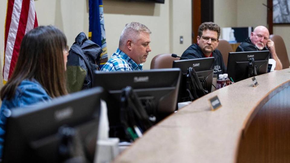 Eagle City Council members Helen Russell and Charlie Baun, Mayor Jason Pierce, and Councilman Brad Pike listen to testimony. Baun, Pierce and Pike were the only members to ask questions of presenters.