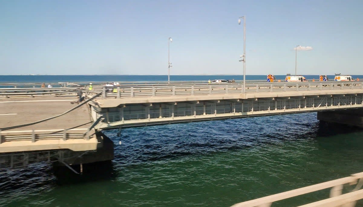 Damage to the Kerch bridge, which connects the Russian mainland to the Crimean peninsula, seen on July 17, 2023 (Reuters)