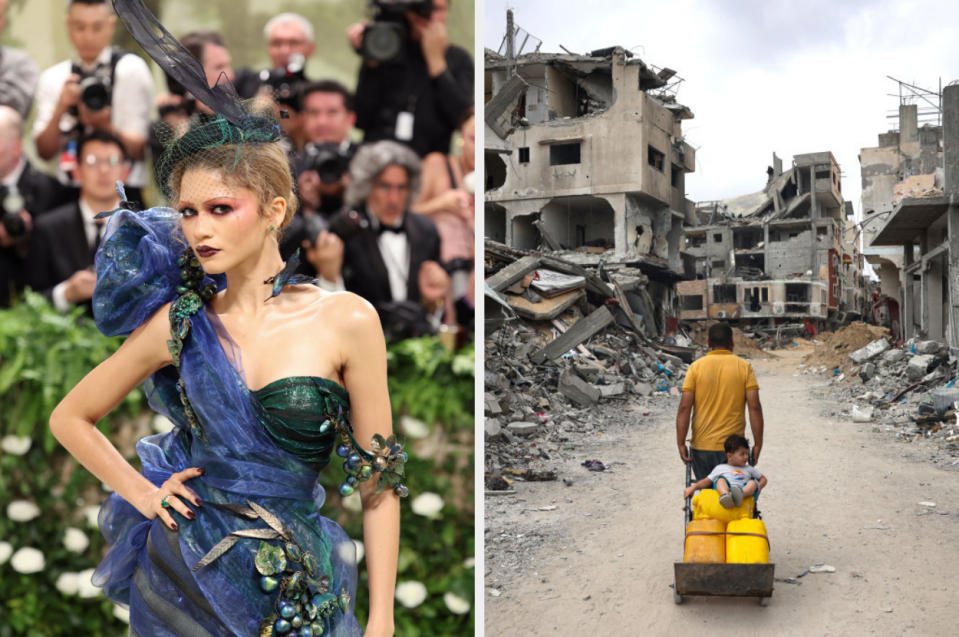 Side-by-side of Zendaya at the Met Gala and an image of a father with his child in the rubble of the Gaza Strip