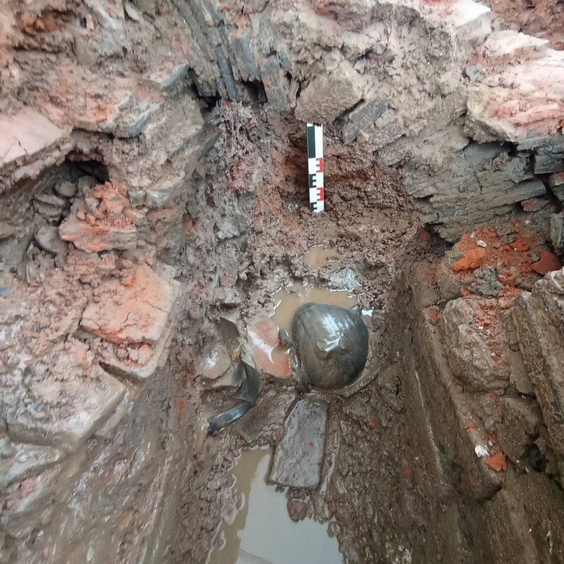 Pottery pieces in the main furnace after it was dismantled.