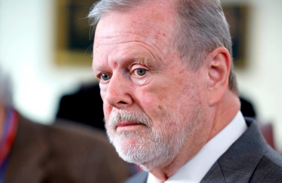 President Pro Tempore Sen. Phil Berger answers questions during a media gaggle on the first day of the the General Assembly’s short session in Raleigh, N.C., Wednesday, April 24, 2024. Ethan Hyman/ehyman@newsobserver.com