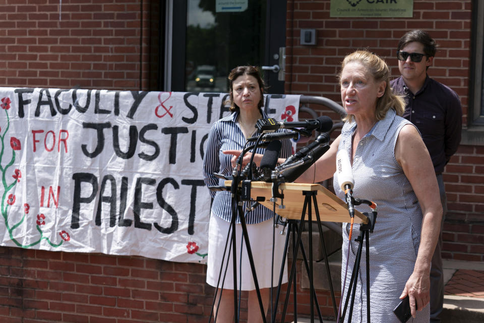 American University professor Barbara Wien speaks during a news conference after police cleared a pro-Palestinian tent encampment at George Washington University early Wednesday and arrested demonstrators, Wednesday, May 8, 2024, in Washington. (AP Photo/Jose Luis Magana)