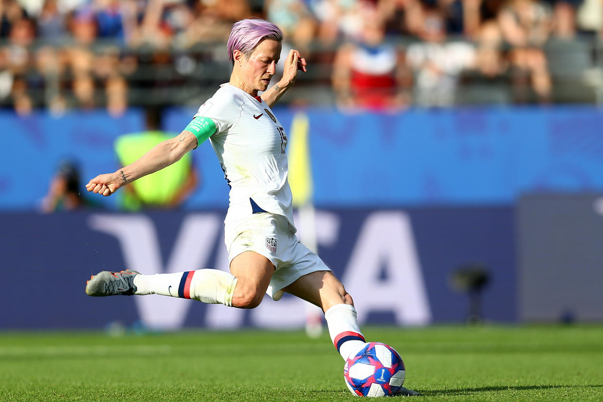 Megan Rapinoe and Donald Trump are going round-and-round about protesting during the national anthem and visiting the White House. (Photo by Maddie Meyer - FIFA/FIFA via Getty Images)