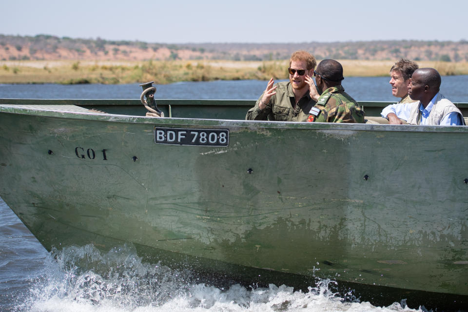 The Duke of Sussex joins a Botswana Defence Force anti-poaching patrol, on the Chobe river in Kasane, Botswana, on day four of the royal tour of Africa.