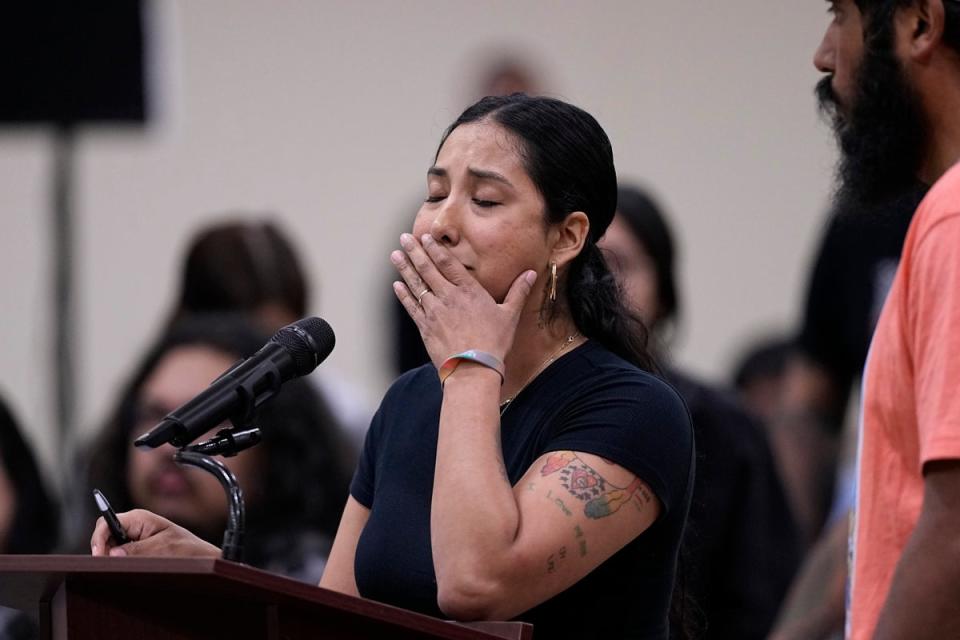 Kimberly Rubio, who’s daughter Lexi was among 19 children killed in the massacre at Robb Elementary, speaks at a special city council meeting in Uvalde, Texas, 7 March 2024 (AP)