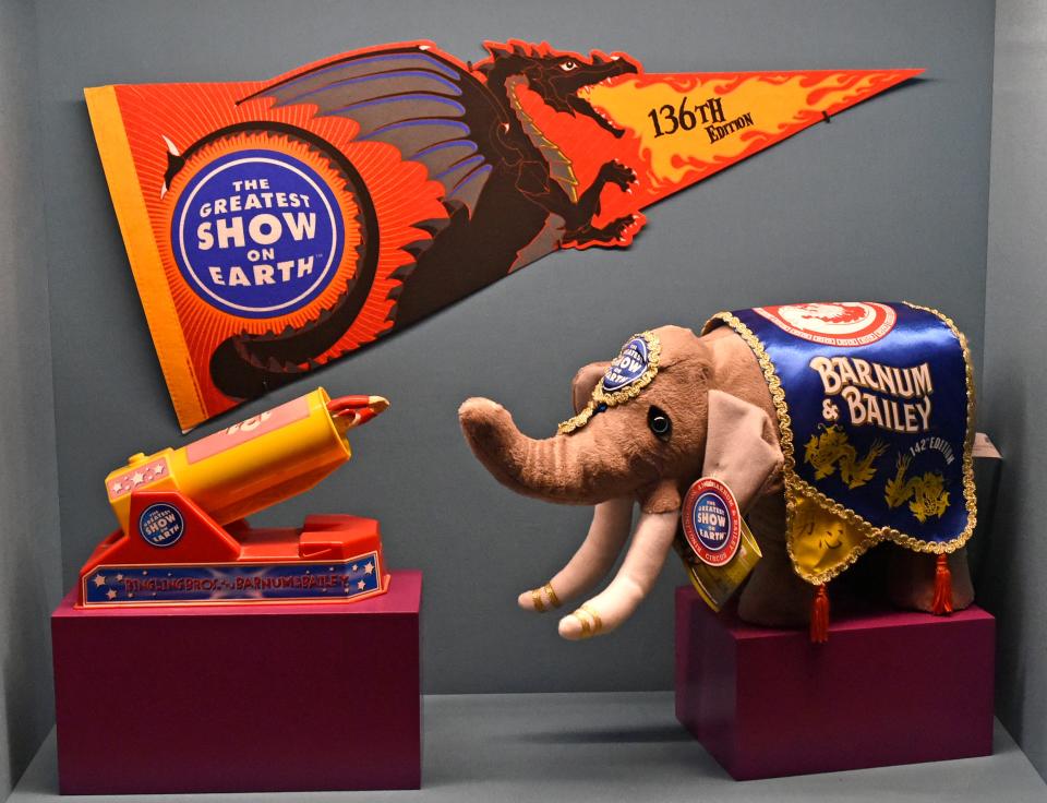 In The Ringling Museum's new "Greatest Show on Earth" exhibition, visitors can see samples of some of the merchandise sold by the Ringling Bros. Circus over the years, including a toy rocket for a human cannonball and a stuffed elephant.