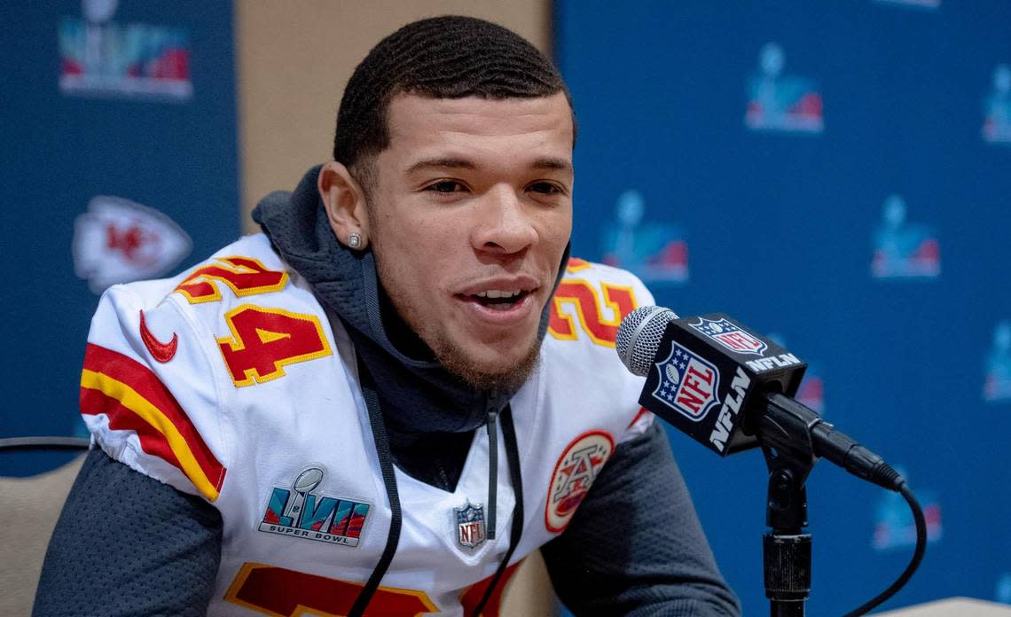 Kansas City Chiefs wide receiver Skyy Moore speaks during the team’s media availability on Thursday, Feb. 9, 2023, in Scottsdale, Ariz.