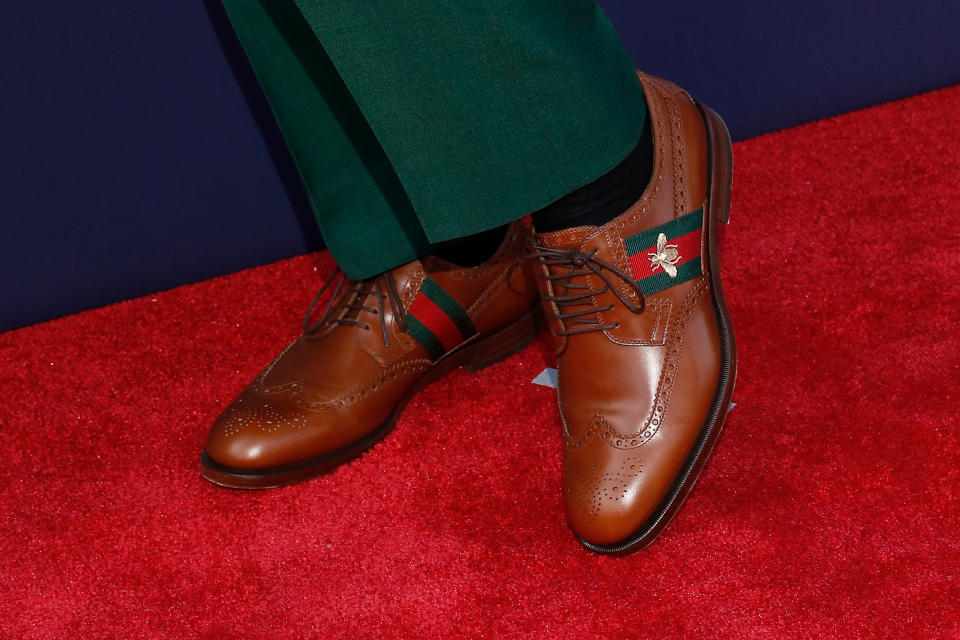 <p>A detail of the shoes of Lamar Jackson of Louisville on the red carpet prior to the start of the 2018 NFL Draft at AT&T Stadium on April 26, 2018 in Arlington, Texas. (Photo by Tim Warner/Getty Images) </p>