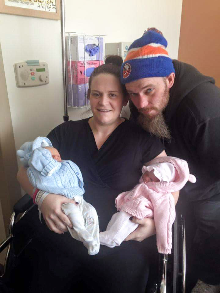 Kiersten Connolly, James Hatch and their twin babies, Jameson, left, and Dorothy. Jameson died in a Rock 'n Play at 6 weeks old in May 2015. (Courtesy Kiersten Connolly)
