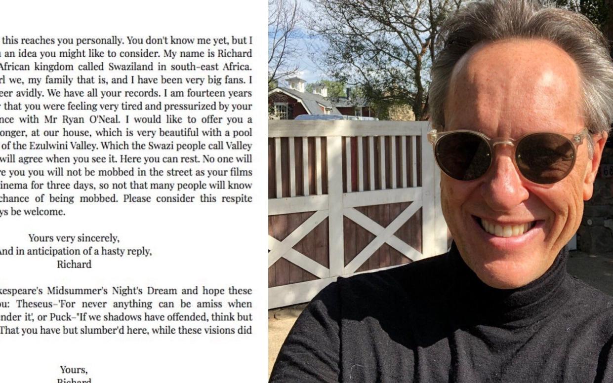 Richard E Grant posted a picture of his letter and a photo of himself outside Barbara Streisand's home - @RichardEGrant