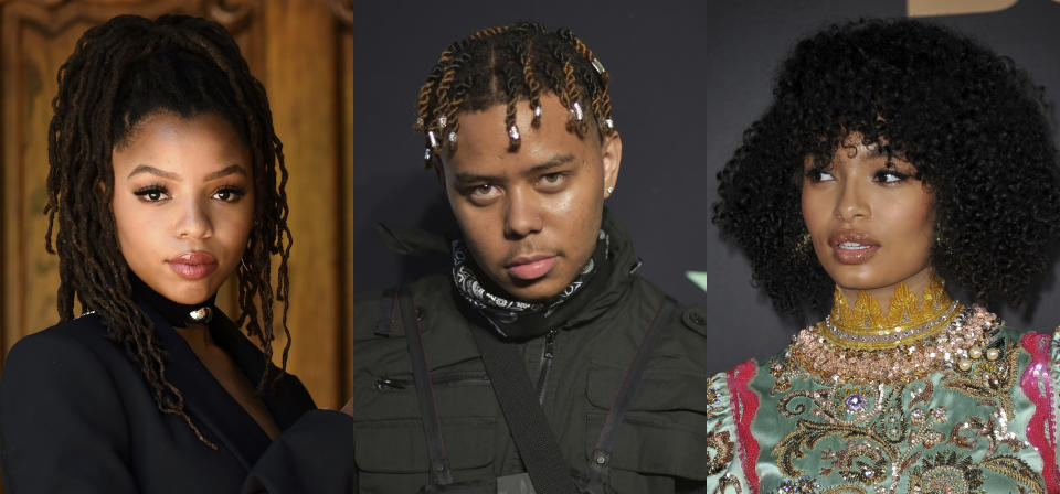 En esta combinación de fotografías, de izquierda a derecha, Chloe Bailey del dúo de hermanas Chloe x Halle, el rapero YBN Cordae y la actriz y activista Yara Shahidi, quienes estarán incluidos en el EP sobre la vida negra "Music for the Movement Volume III – Liberated" que será lanzado el viernes. Es el tercer volumen de una serie de cuatro EPs en honor a las vidas negras y por la justicia social bajo un proyecto conjunto entre Disney Music Group y The Undefeated, la plataforma de ESPN's para explorar la intersección entre raza, deportes y cultura. (Foto AP)