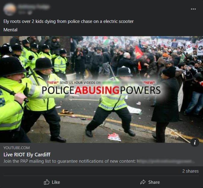 A Facebook post showing police forcefully restraining protesters posing as footage of Ely riots