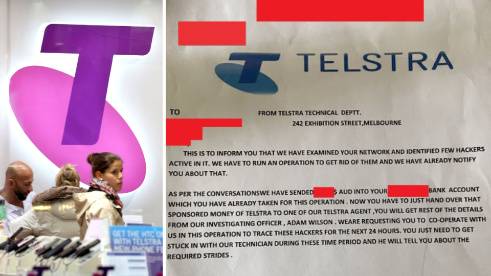 A composite image of the Telstra logo and a copy of the Telstra scam letter.