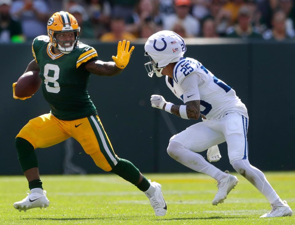 Colts safety Rodney Thomas, trying to tackle Packers running back Josh Jacobs last Sunday, is one of six NFL players who has worn a Guardian helmet during a regular-season game.