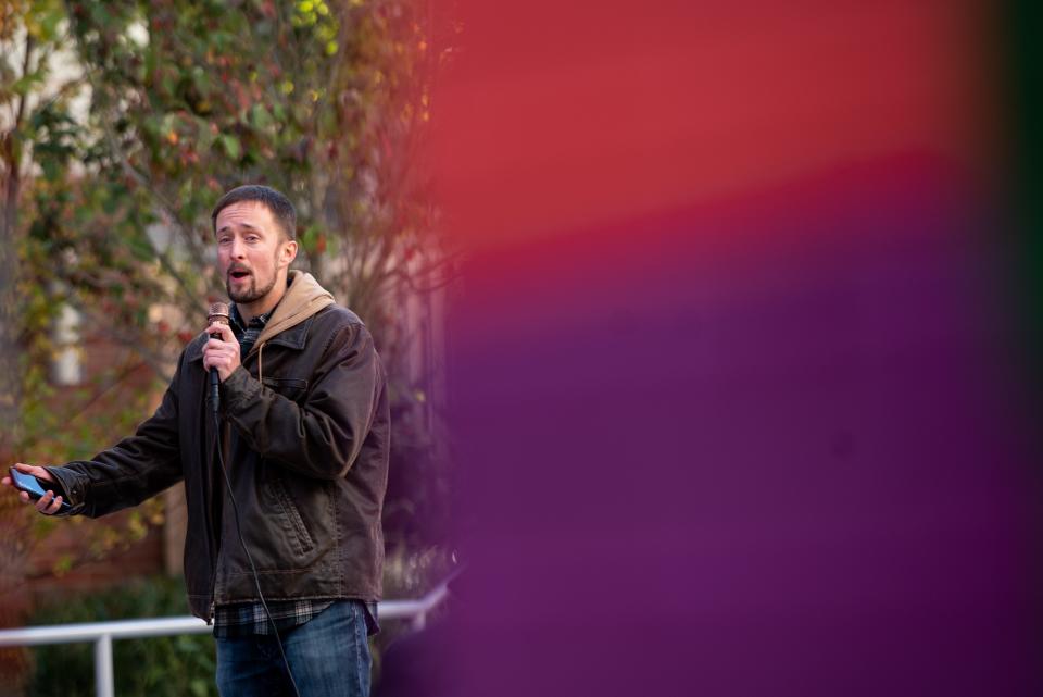 Matt Smith with Empower NJ speaks during a climate rally in Montclair on Saturday November 06, 2021.