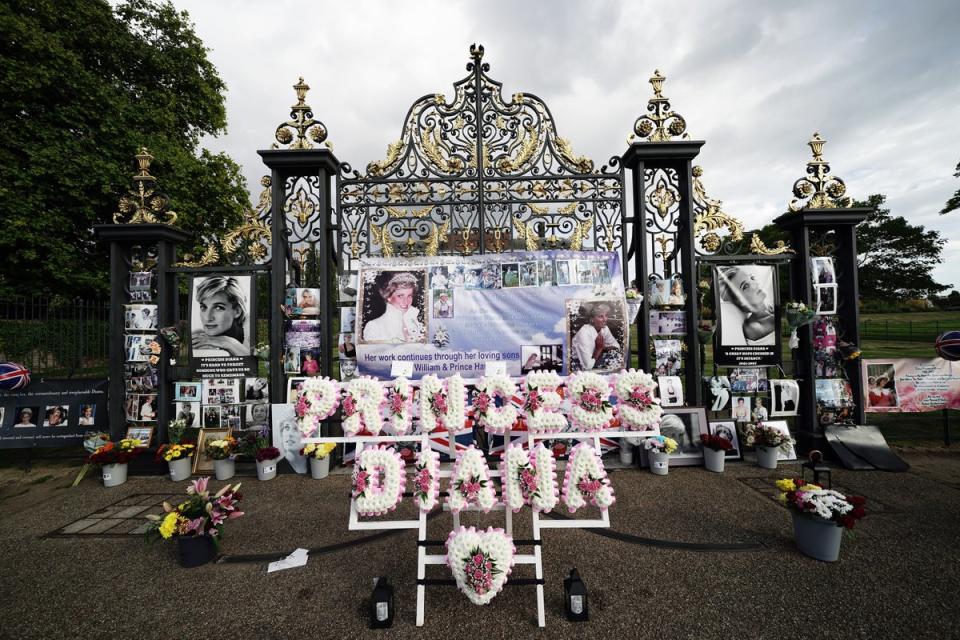 31 August 2022: Flowers are placed at the gates outside Kensington Palace, London, the former home of Diana, Princess of Wales, on the 25th anniversary of her death (PA)