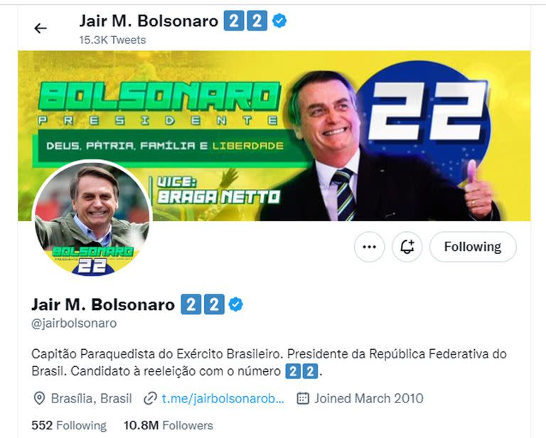 El perfil de Twitter de Bolsonaro tras la asunción de Lula