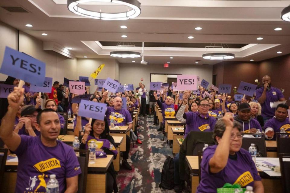 Janitors in South Florida met at the Courtyard by Marriott in protest on Wednesday, Feb. 21, 2024, in downtown Miami.