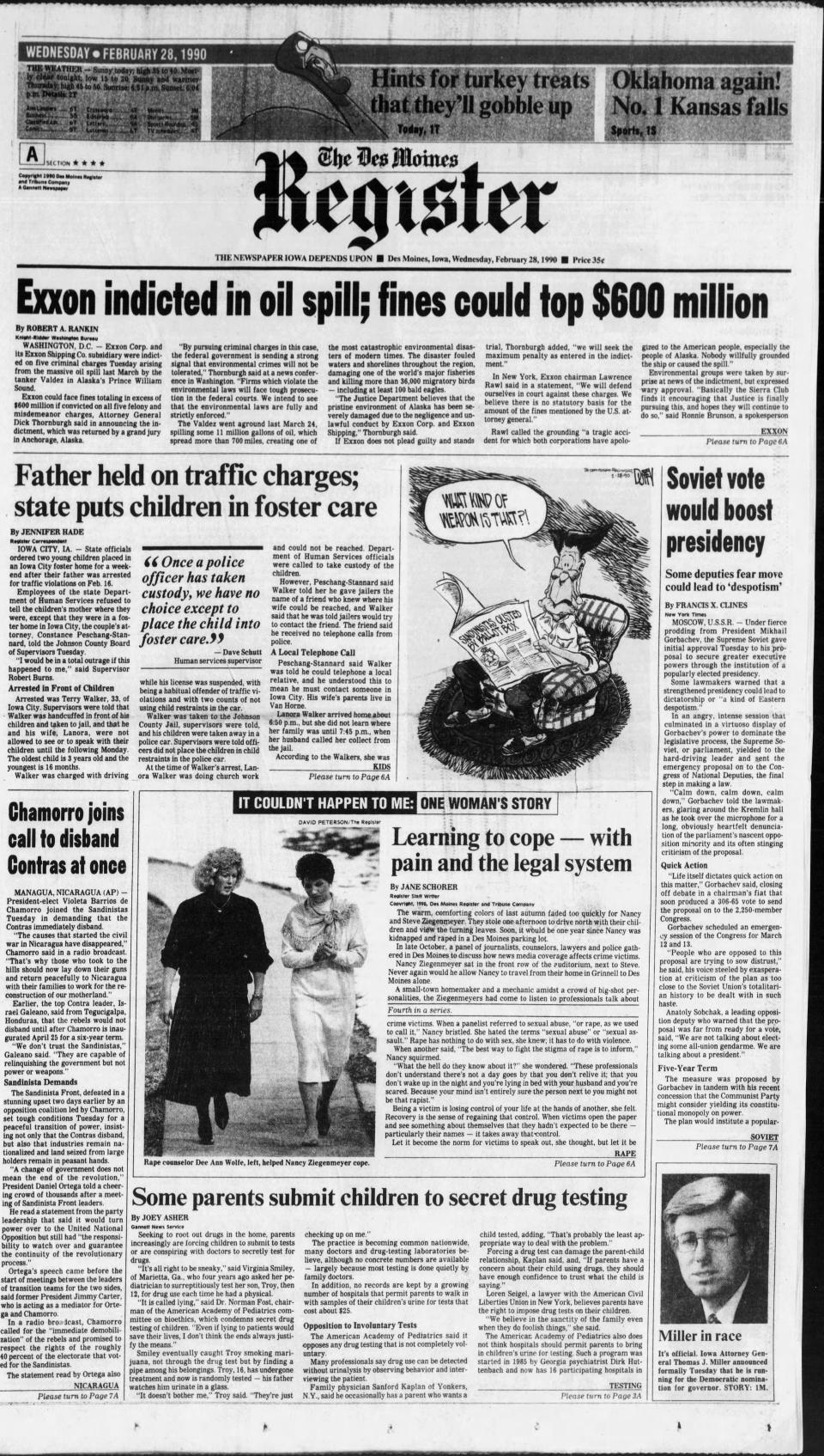 In a groundbreaking move, the Des Moines Register beginning Feb. 28, 1990, publishes an in-depth profile of a rape victim, and with her permission, includes her name and photos. Reporter Jane Schorer Meisner goes on to win a Pulitzer Prize for the five-part series.