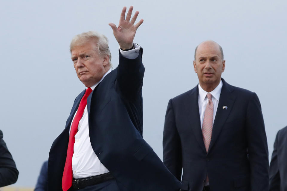 FILE - In this July 10, 2018, file photo, President Donald Trump is joined by Gordon Sondland, the U.S. ambassador to the European Union, second from right, as he arrives at Melsbroek Air Base, in Brussels, Belgium. Sondland, wrapped up in a congressional impeachment inquiry, was a late convert to Trump, initially supporting another candidate in the Republican primary and once refusing to participate in a fundraiser on his behalf. (AP Photo/Pablo Martinez Monsivais, File)