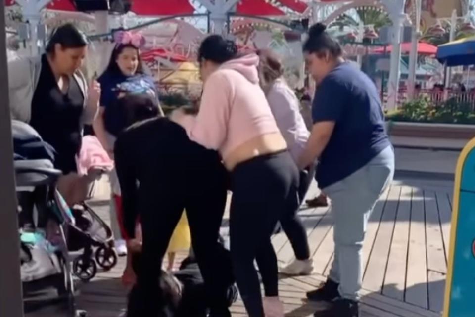Footage online shows a group of three or four women, one of whom is pushing a stroller, punching and slapping a person on the ground (@7.14layla_/ Instagram)