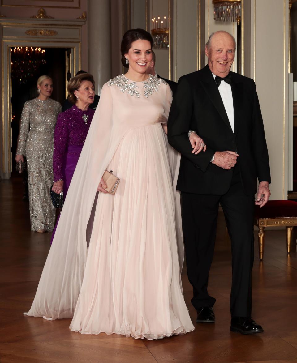 Who: Catherine, Duchess of Cambridge<br> What: Alexander McQueen<br> Where: At a dinner at the Royal Palace, Oslo, Norway<br> When: February 1, 2018