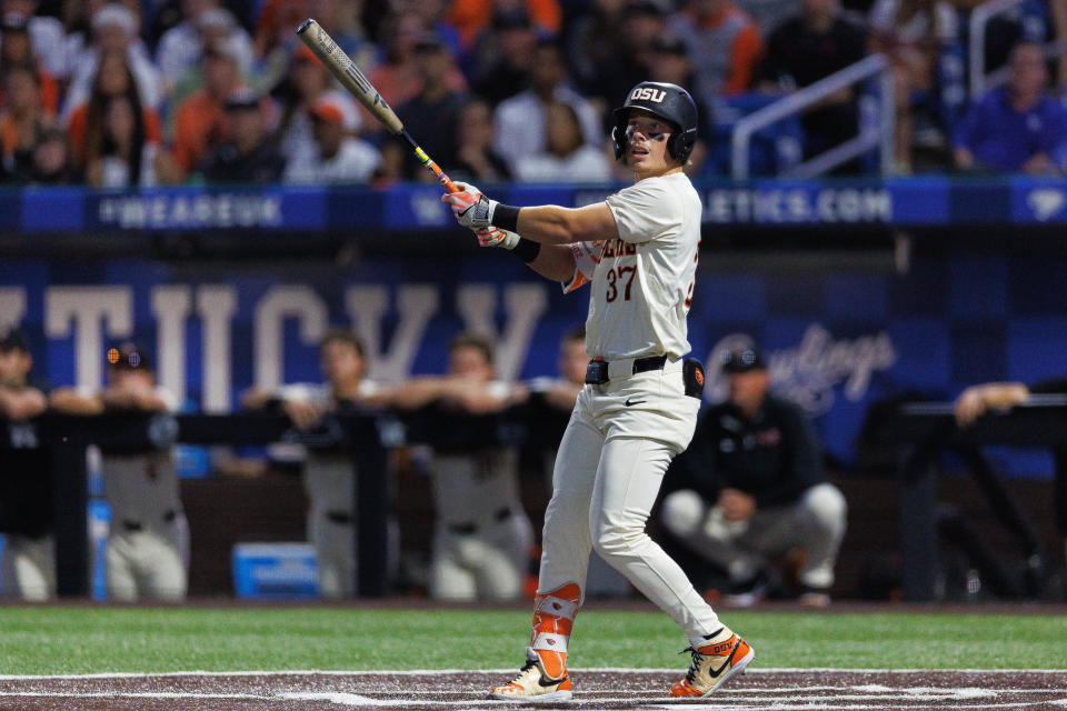 Oregon State infielder Travis Bazzana (37) hits a foul ball against Kentucky on June 9 in Lexington, KY.