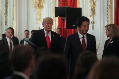U.S. President Donald Trump and Japan's Prime Minister Shinzo Abe arrive for a joint news conference at Akasaka Palace state guest house in Tokyo, Japan, May 27, 2019. REUTERS/Jonathan Ernst